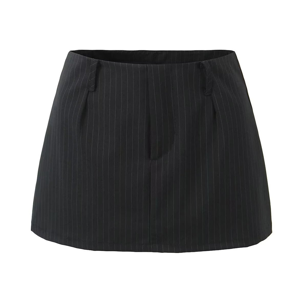 Retro Low Waist Vertical Stripes Anti Exposure Summer Skirt