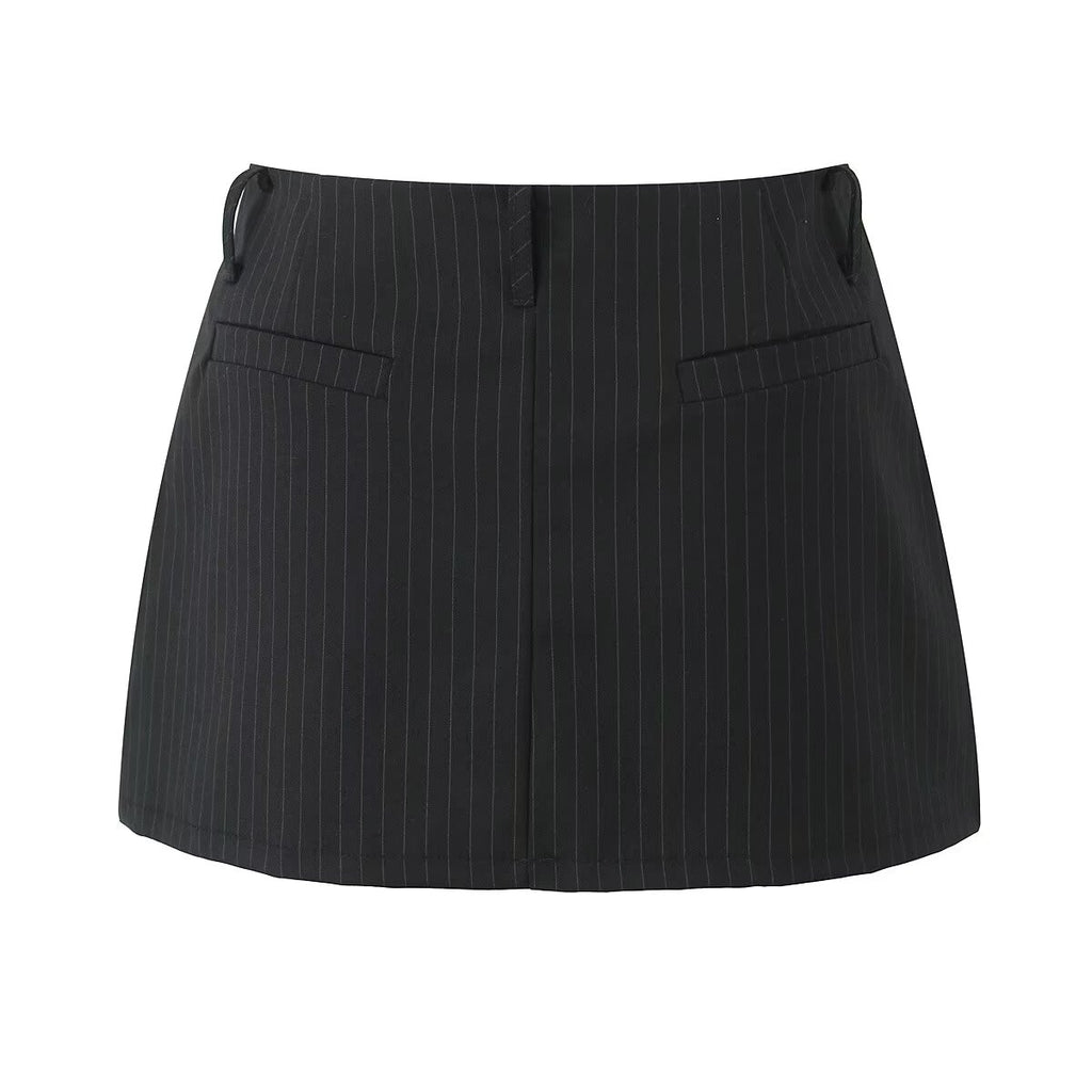 Retro Low Waist Vertical Stripes Anti Exposure Summer Skirt