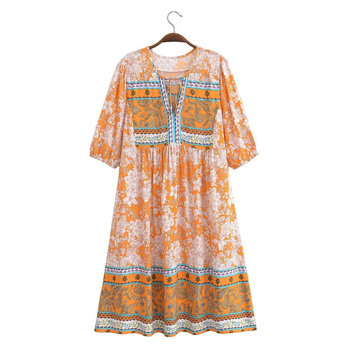 Spring Women Rayon Positioning Floral Short Sleeve Mid Length Dress