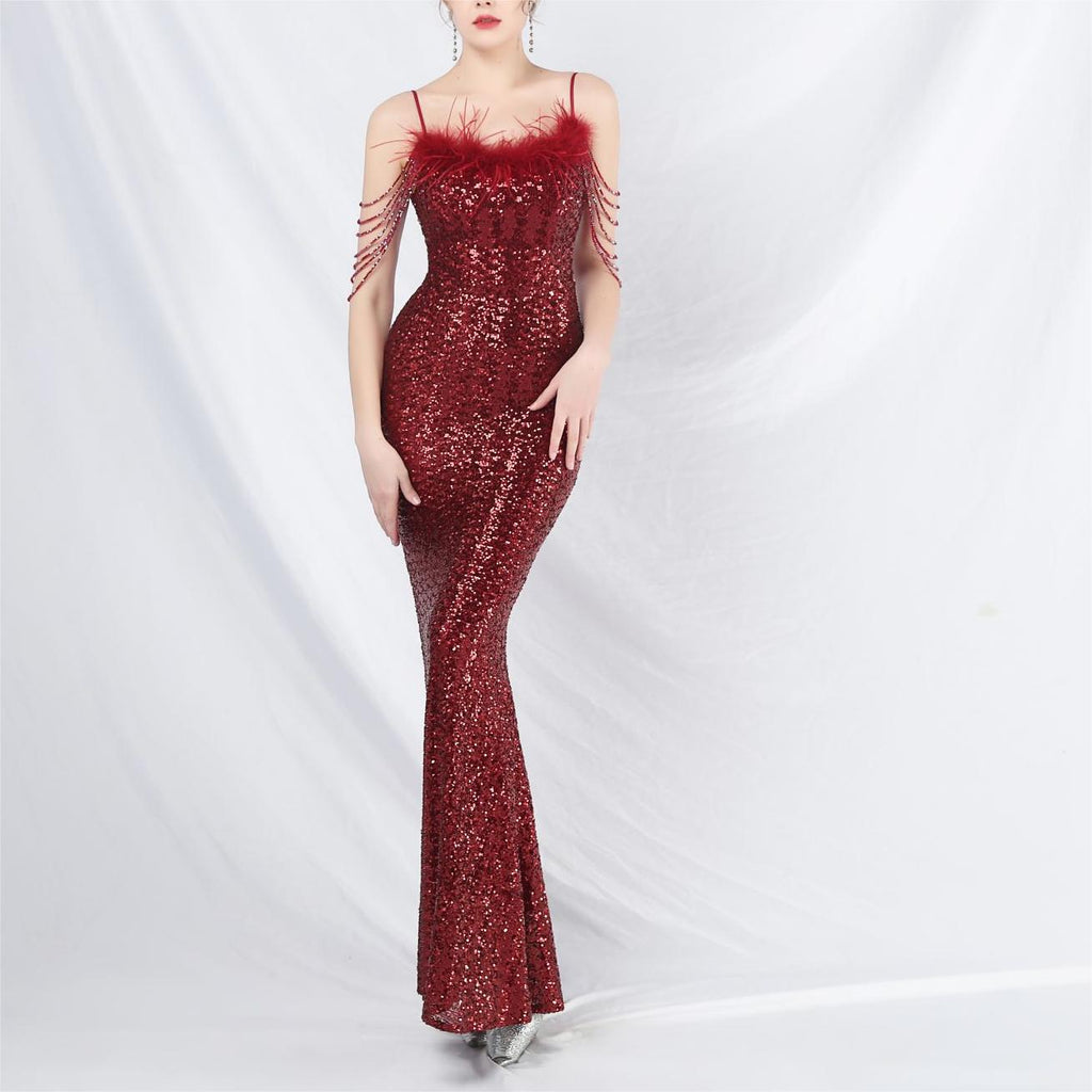 Women's Beaded Ostrich Feather Colorful Sequin Long Evening Dress