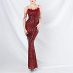 Women's Beaded Ostrich Feather Colorful Sequin Long Evening Dress