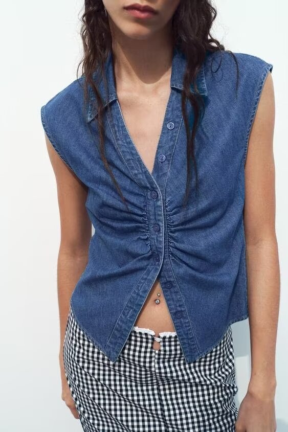 Women’s Pleated Denim Collared Vest Top