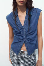 Women’s Pleated Denim Collared Vest Top