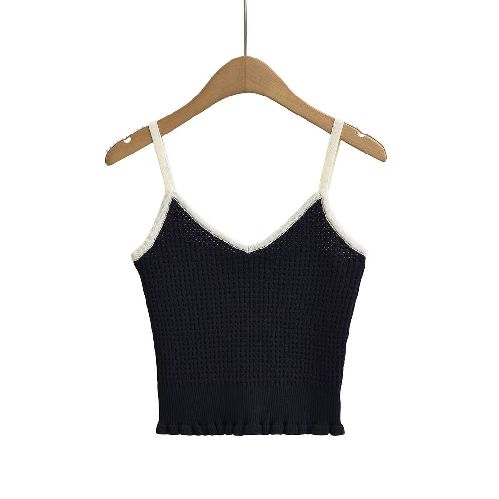 French Wooden Ear Color Matching Knitted Camisole Chic