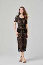 Lace Button Short-Sleeve Maxi Dress