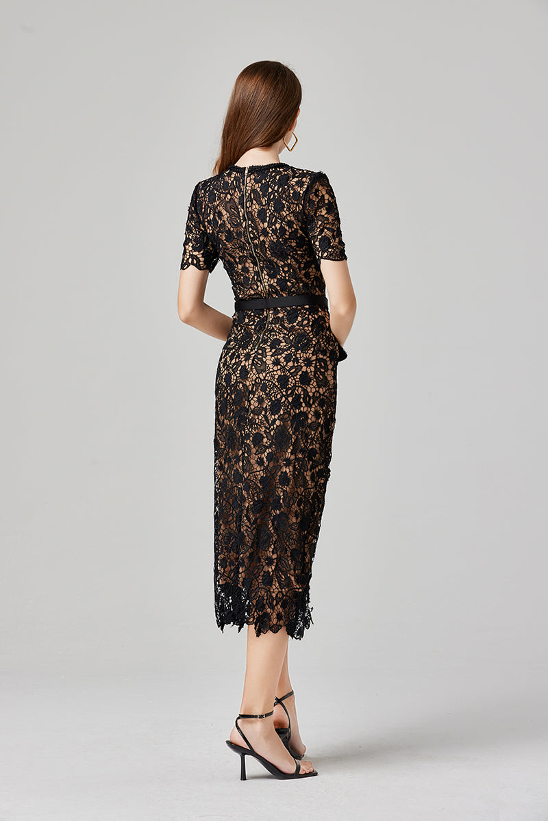 Lace Button Short-Sleeve Maxi Dress