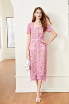 Lace Button Short-Sleeve Maxi Dress