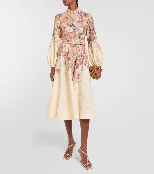Women Clothing French Imitation Linen Positioning Printing with Belt Shirt Maxi Dress