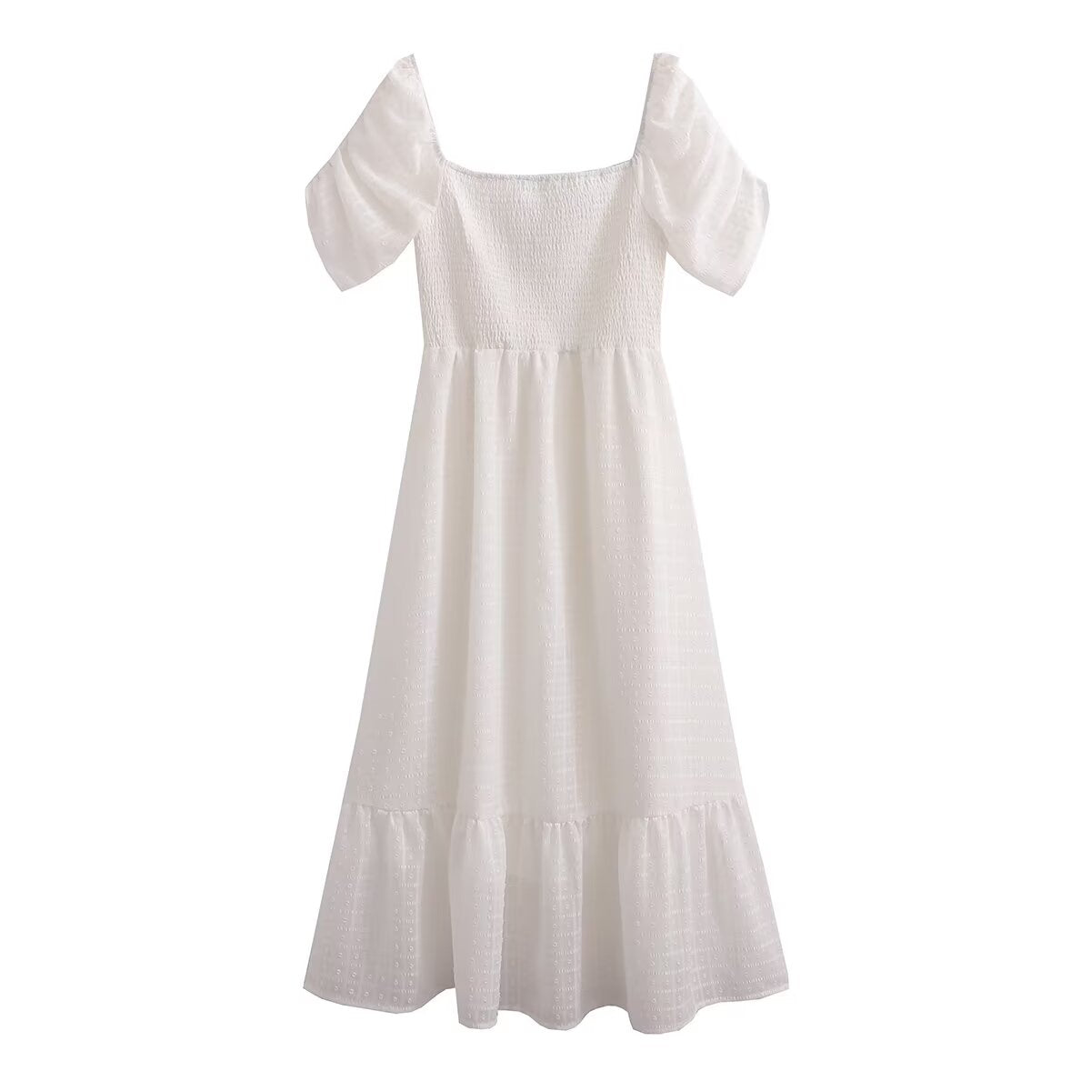 Women Clothing French Solid Color Chiffon Texture Backless Short Sleeve Loose Dress