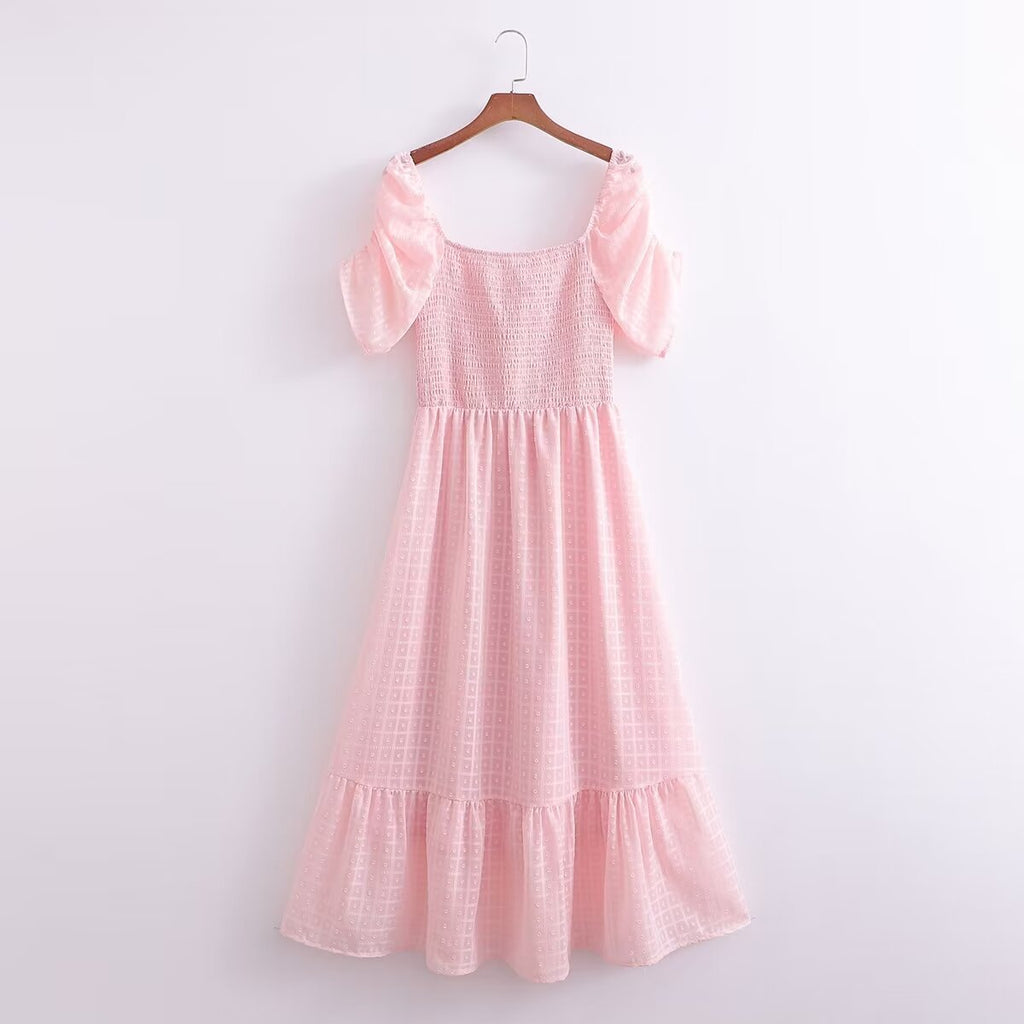 Women Clothing French Solid Color Chiffon Texture Backless Short Sleeve Loose Dress