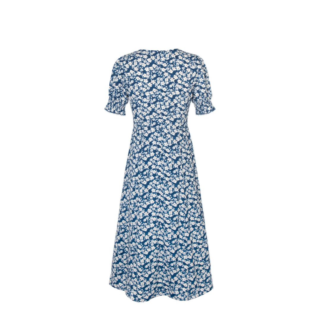Blue Floral Puff-Sleeve Maxi Dress