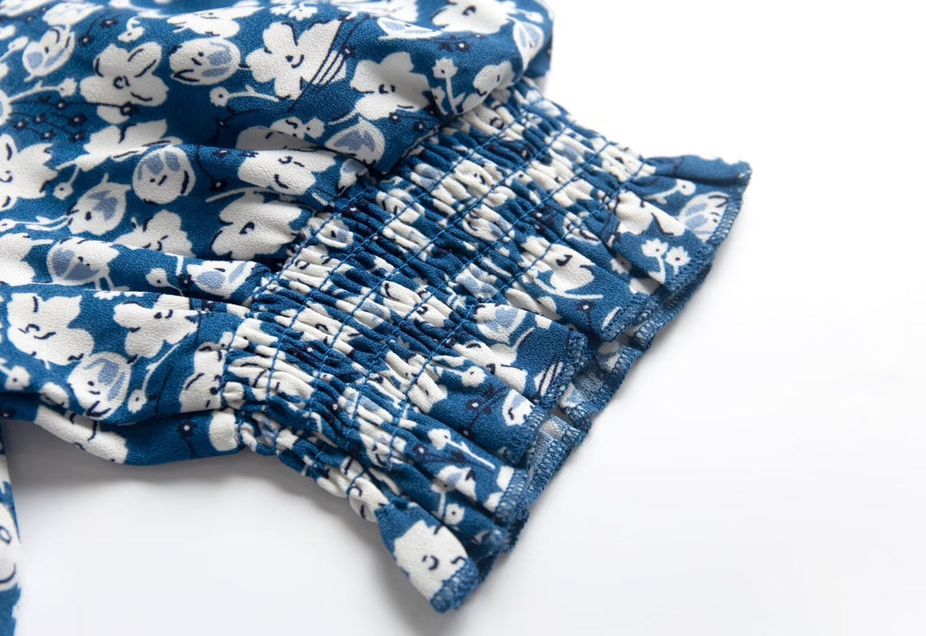 Blue Floral Puff-Sleeve Maxi Dress