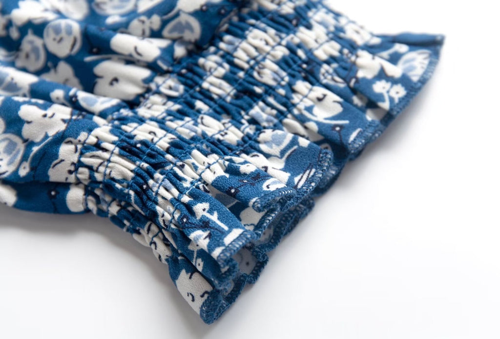 Blue Floral Puff-Sleeve Maxi Dress