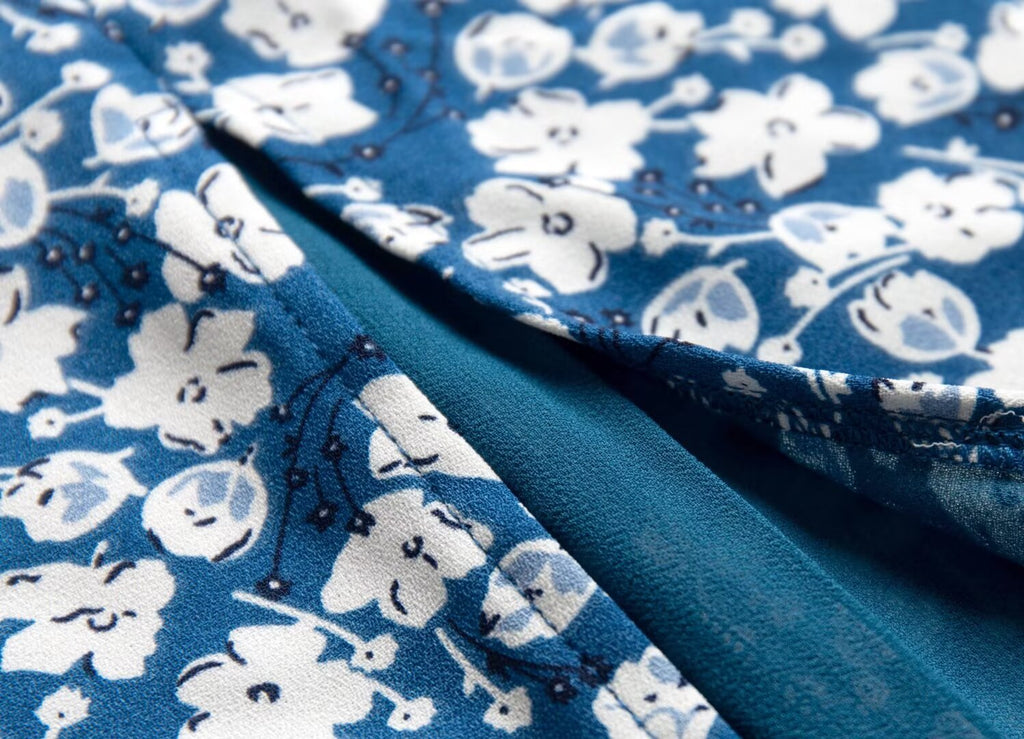 Blue Floral Puff-Sleeve Maxi Dress