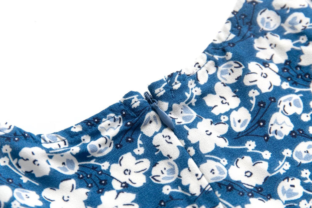 Blue Floral Puff-Sleeve Maxi Dress