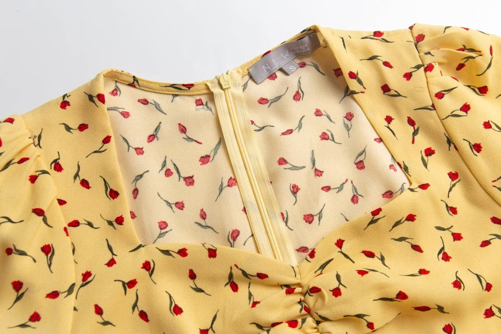 Yellow Floral V-Neck Puff-Sleeve Midi Dress