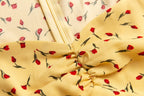Yellow Floral V-Neck Puff-Sleeve Midi Dress
