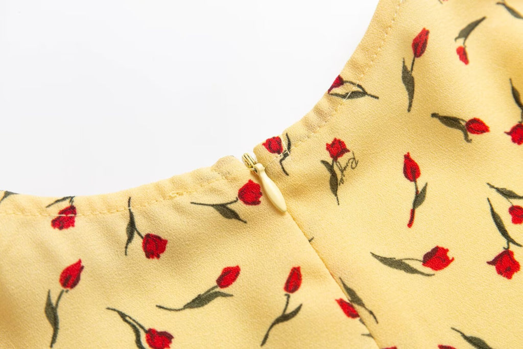 Yellow Floral V-Neck Puff-Sleeve Midi Dress