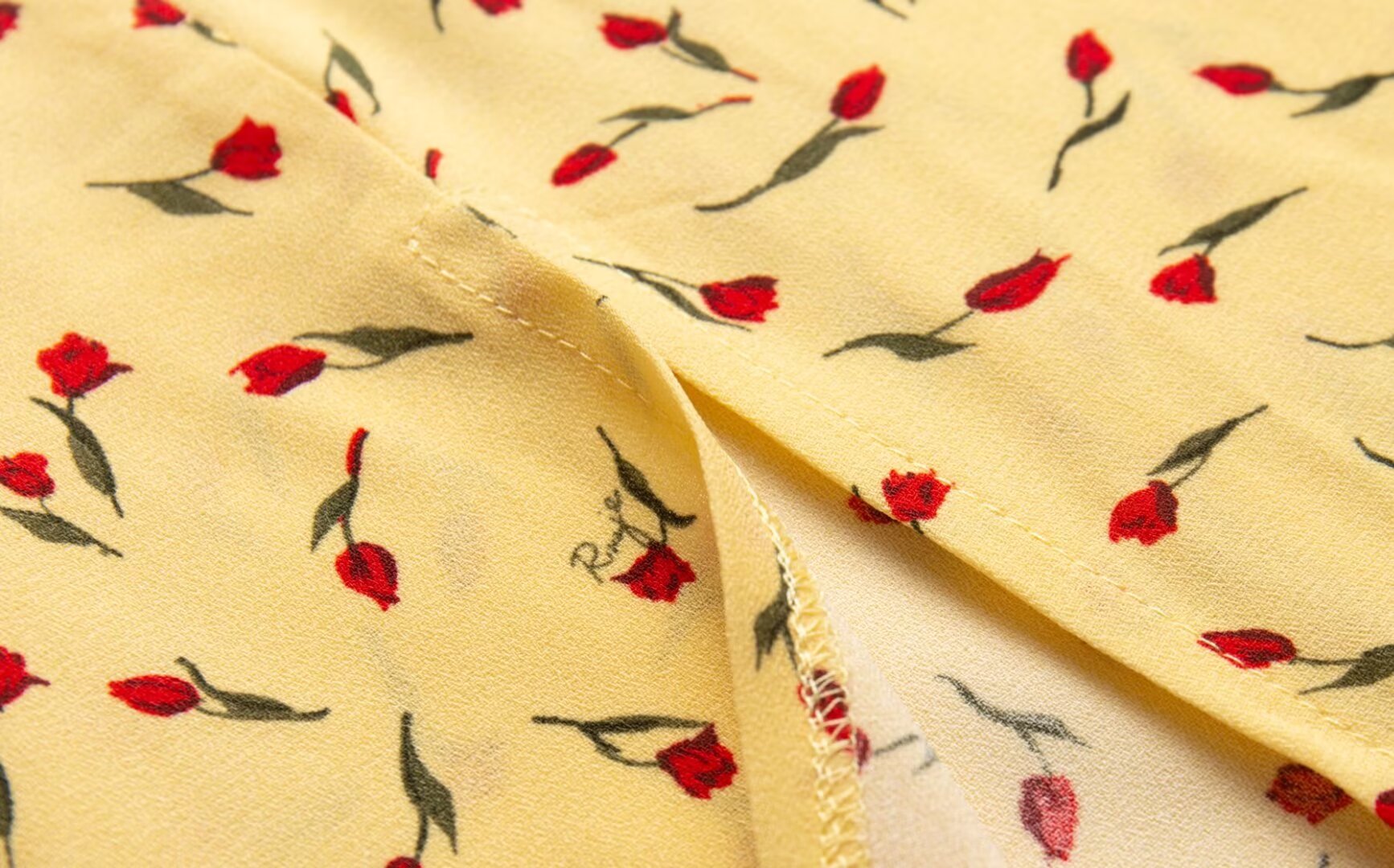Yellow Floral V-Neck Puff-Sleeve Midi Dress