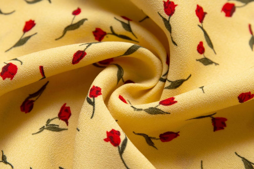 Yellow Floral V-Neck Puff-Sleeve Midi Dress