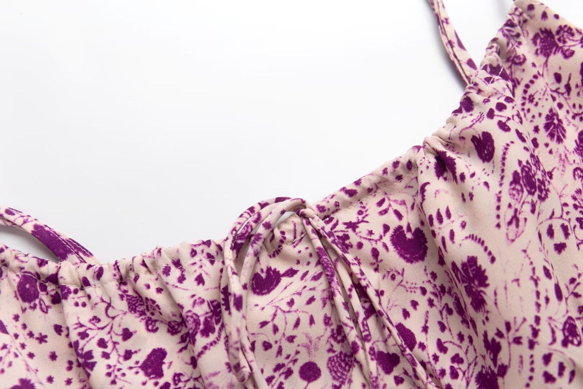 Spring Romantic Purple Printed Butterfly Strap Holiday Casual Dress