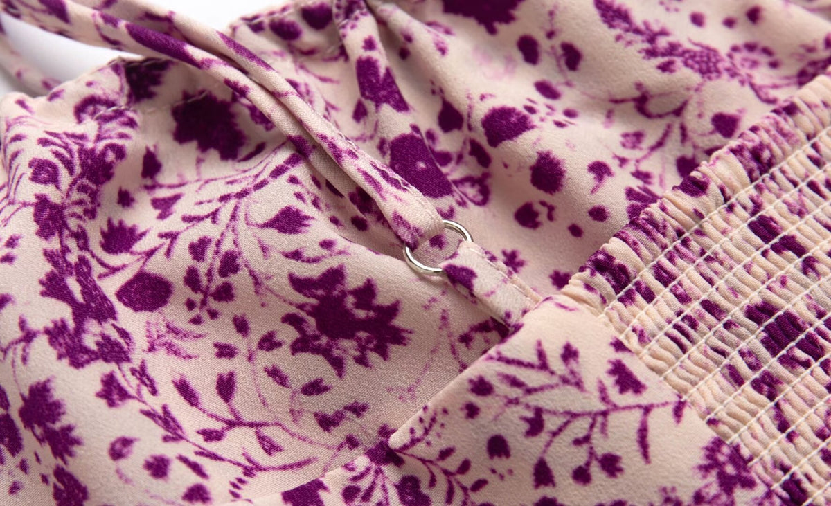 Spring Romantic Purple Printed Butterfly Strap Holiday Casual Dress