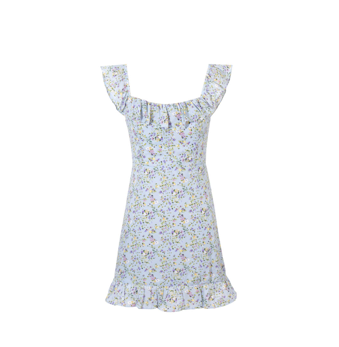 Blue Floral Lace Flutter-Sleeve Mini Dress