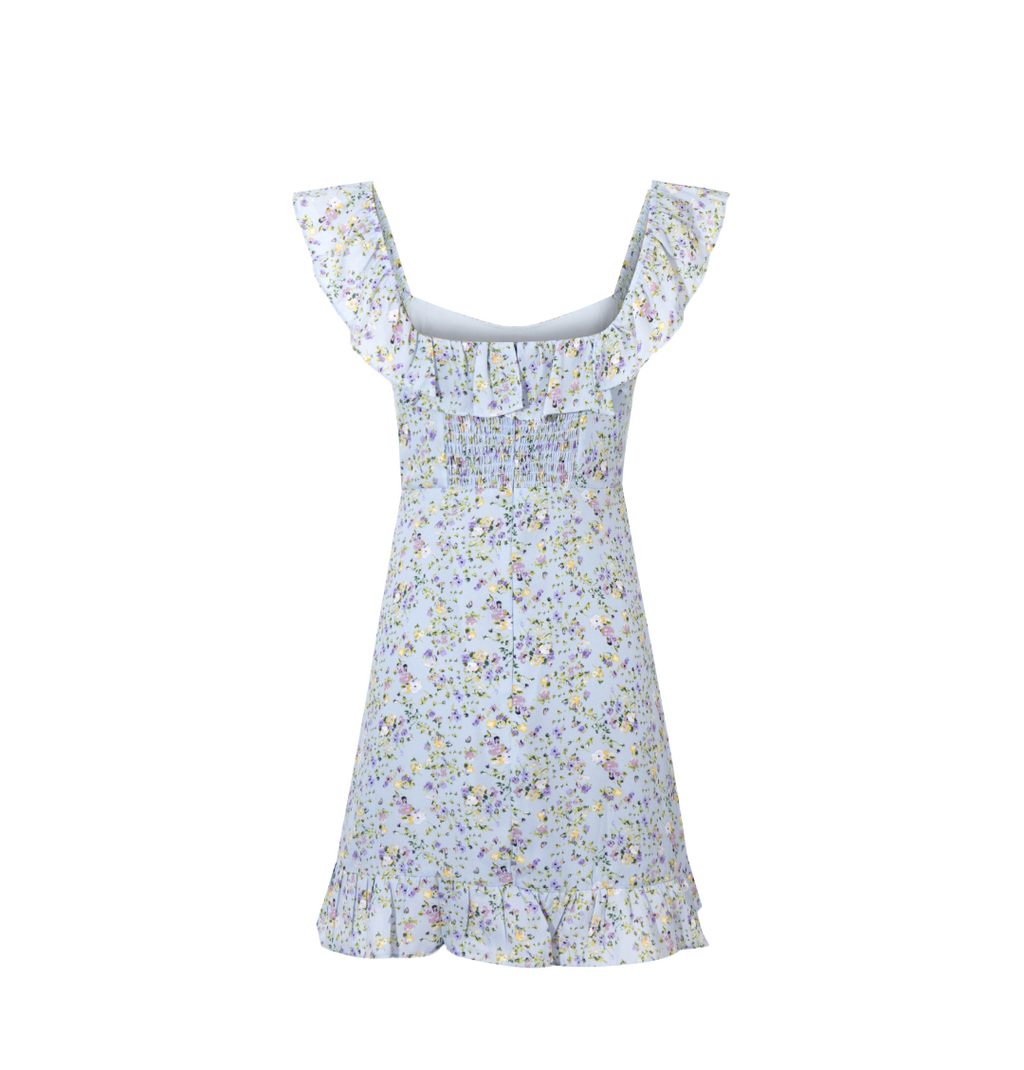 Blue Floral Lace Flutter-Sleeve Mini Dress