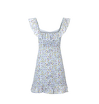 Blue Floral Lace Flutter-Sleeve Mini Dress