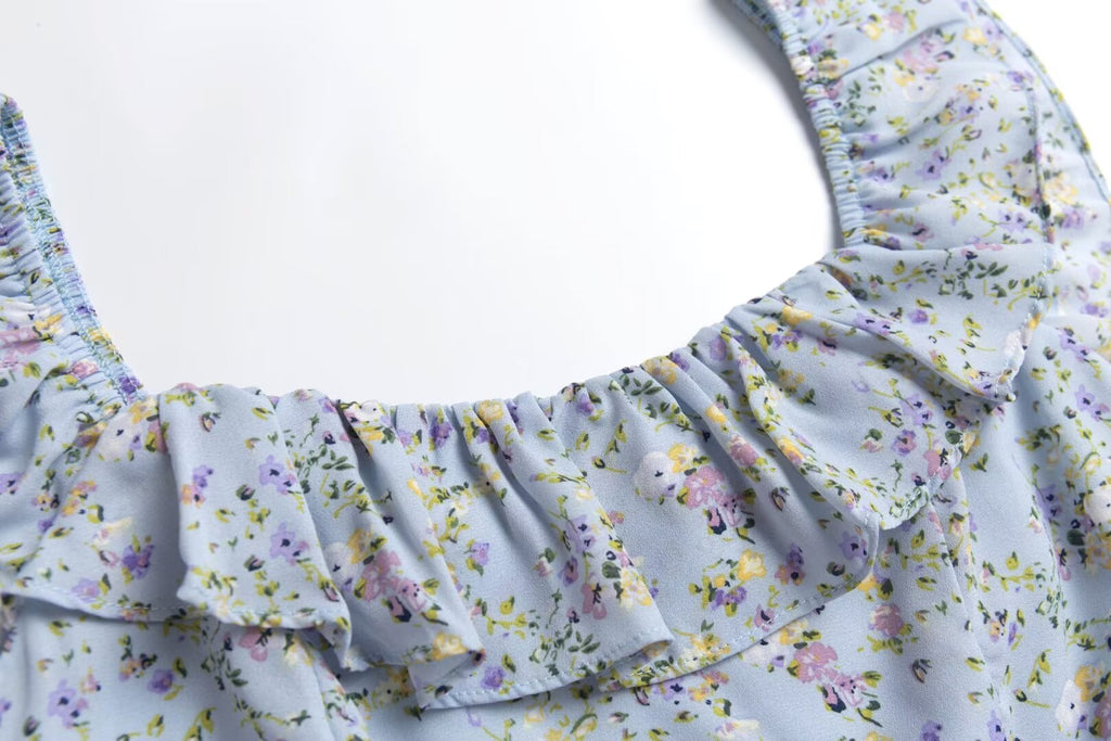 Blue Floral Lace Flutter-Sleeve Mini Dress