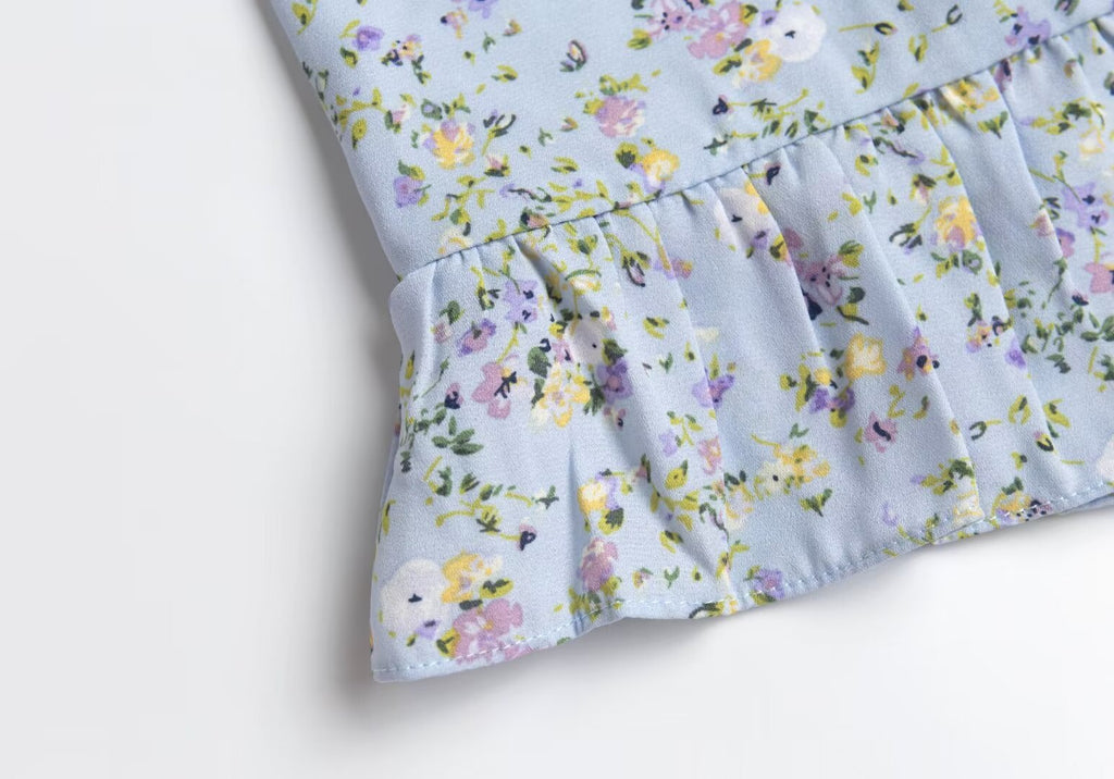 Blue Floral Lace Flutter-Sleeve Mini Dress
