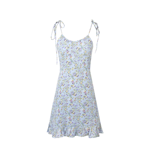 Spring Girlish Fresh Blue Background Floral Lace Band Sling Dress