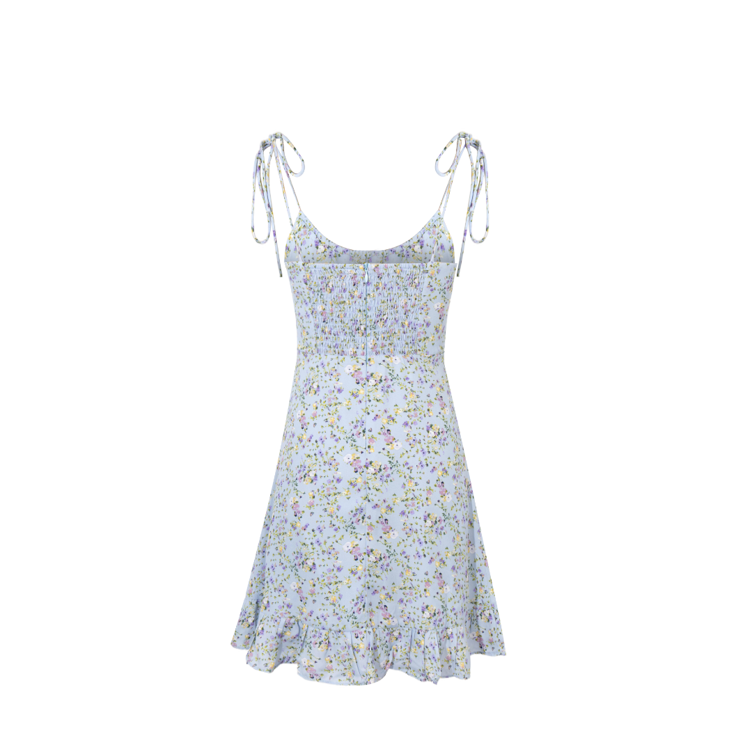 Women's Blue Floral Lace Trim Strap Dress