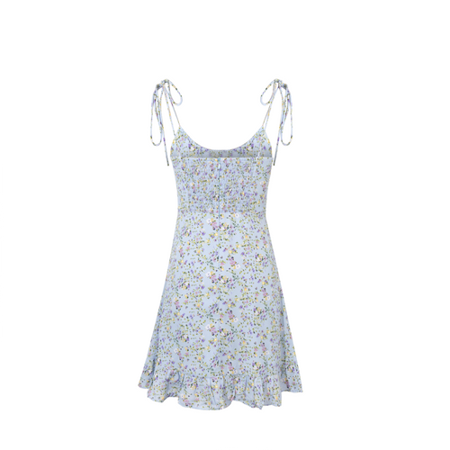 Spring Girlish Fresh Blue Background Floral Lace Band Sling Dress