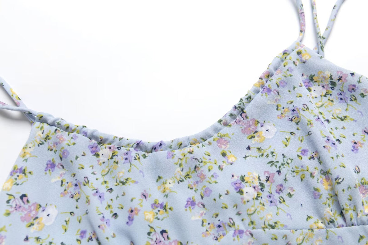 Women's Blue Floral Lace Trim Strap Dress