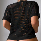 Women Hollow Out Cutout Neckline Button Loose Pullover Short Sleeve Woven Sexy Beach Blouse Crochet hook