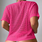 Women Hollow Out Cutout Neckline Button Loose Pullover Short Sleeve Woven Sexy Beach Blouse Crochet hook