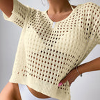 Women Hollow Out Cutout Neckline Button Loose Pullover Short Sleeve Woven Sexy Beach Blouse Crochet hook