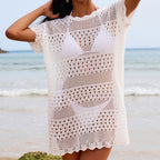 White crochet lace hollow-out pullover tunic with crew neck and scalloped hem