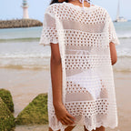 White lace hollow-out tunic pullover with short sleeves and scalloped hem