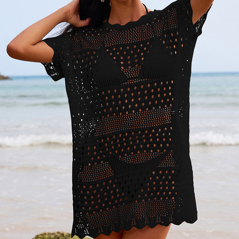 Black crochet lace hollow-out pullover tunic with round neckline and scalloped hem