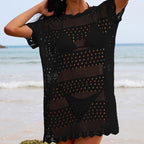 Black crochet lace hollow-out pullover tunic with round neckline and scalloped hem