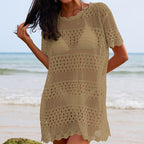 Khaki openwork crochet tunic pullover with crew neck and scalloped hem, short sleeves