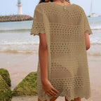 Beige hollow-out crochet tunic with short sleeves and scalloped hem