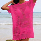 Hot pink hollow-out crochet tunic with short sleeves and scalloped hem