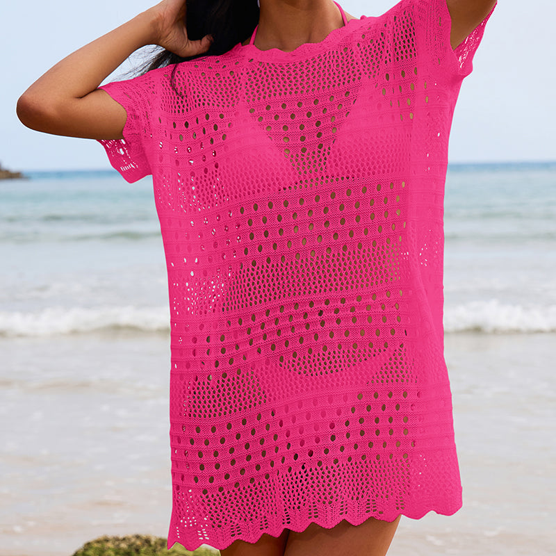 Hot pink hollow-out crochet tunic with short sleeves and scalloped hem