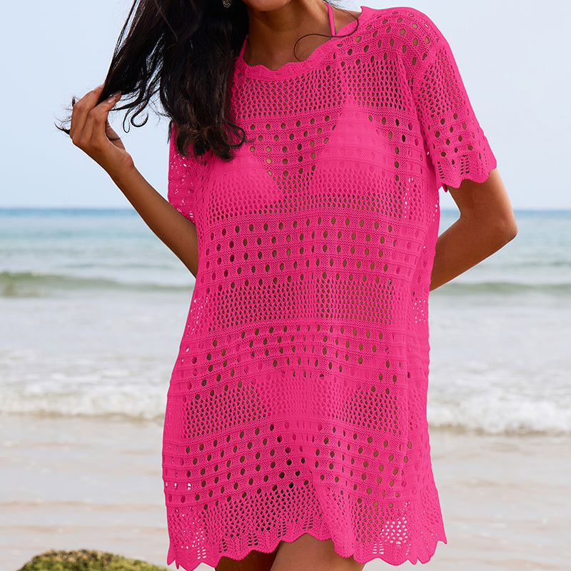 Hot pink hollow-out crochet tunic top with round neckline and scalloped hem