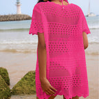 Hot pink hollow-out crochet tunic with short sleeves and loose fit