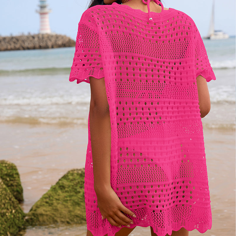 Hot pink hollow-out crochet tunic with short sleeves and loose fit