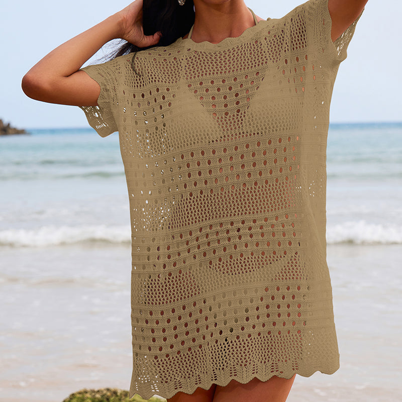 Beige hollow-out crochet tunic top with round neckline and short sleeves